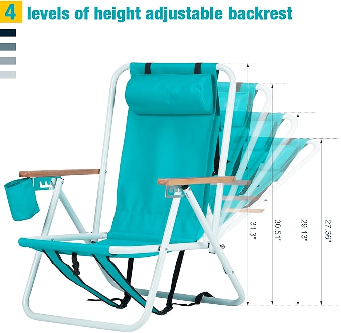 Outvita Folding Beach Chair Adjustable Headrest w/4 Flexible Tilt Angle Cup Holder Portable High Strength Cleanable Fabric for Sand Camping Lawn Concert Travel Festival