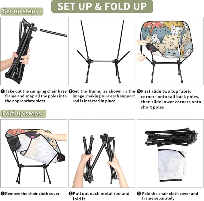 Honeybaby Folding Camping Chair Cartoon Cats Theme Camping Chairs Lightweight Portable Chair Outdoor Foldable Chairs for Camping Travel Picnic Beach Hiking
