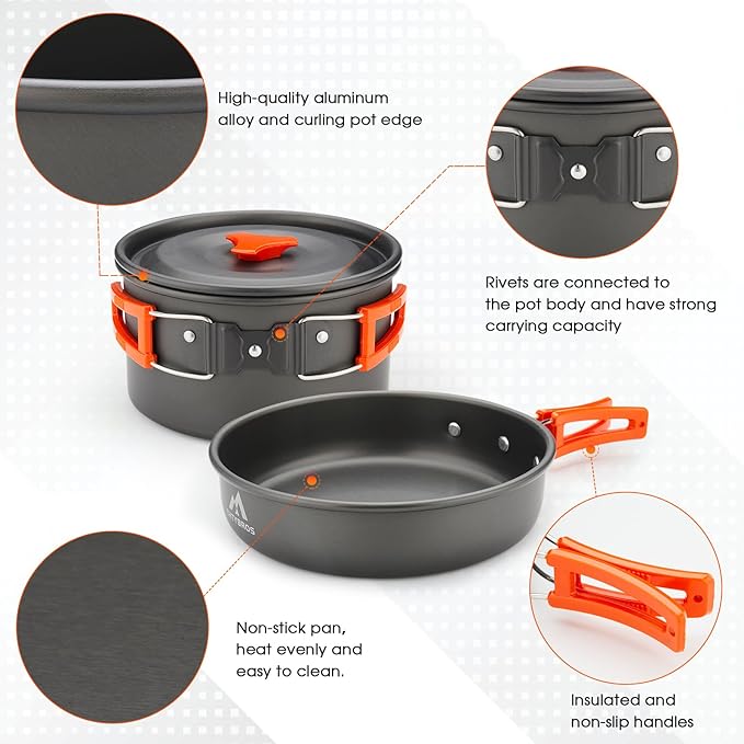 17pcs Camping Cookware Kit 0.45Gal Pot 7inches Pan0.30Gal Kettle Set with 2 Set Stainless Steel Cups Plates Forks Knives Spoons for Hiking