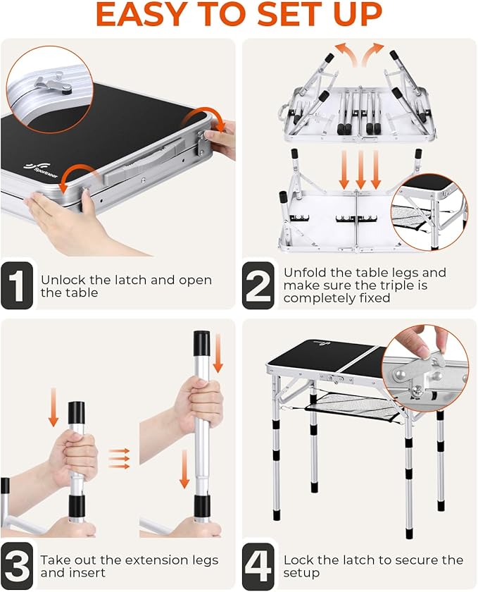 Sportneer Camping Table: Adjustable Height Small Folding Table 23.6 L x 15.7 W 4 Height with Mesh Layer - Compact &amp Portable Camping Essentials for Outdoor Camp Garden Picnic BBQ Dining Cooking