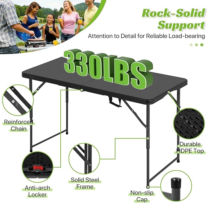 4Ft Foldable Table Adjustable Height with Built-in Handle 4 Foot Heavy Duty Portable Folding Table with Steel Legs for Indoor Outdoor Camping Parties Wedding Picnic Catering (4ft Black)