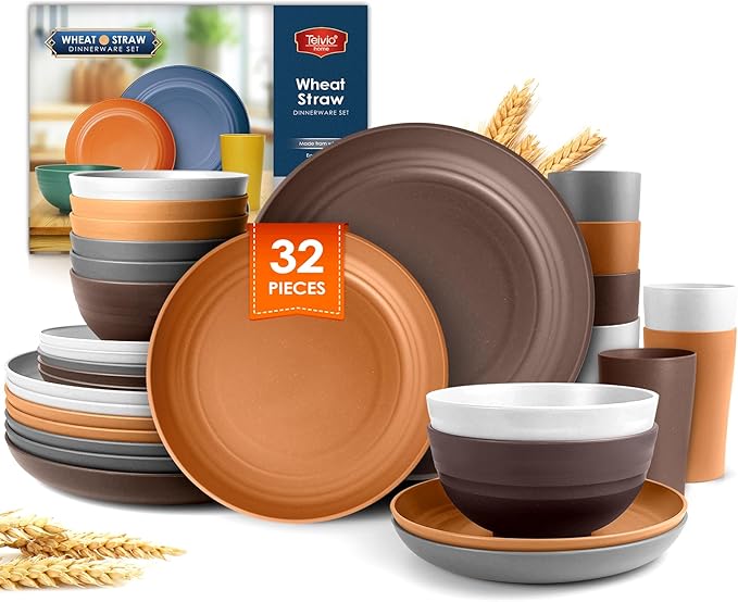 Teivio 32-Piece Kitchen Plastic Wheat Straw Dinnerware Set Service for 8 Unbreakable Dinner Plate/Dessert Plate/Cereal Bowl/CupOutdoor Camping Dishes for Life/VintageFarmhouseRustic Multicolor