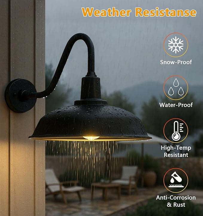Large 15 Black Gooseneck Barn Lights Vintage Industrial Outdoor Barn Lights for Garage Patio Garden - 2 Pack