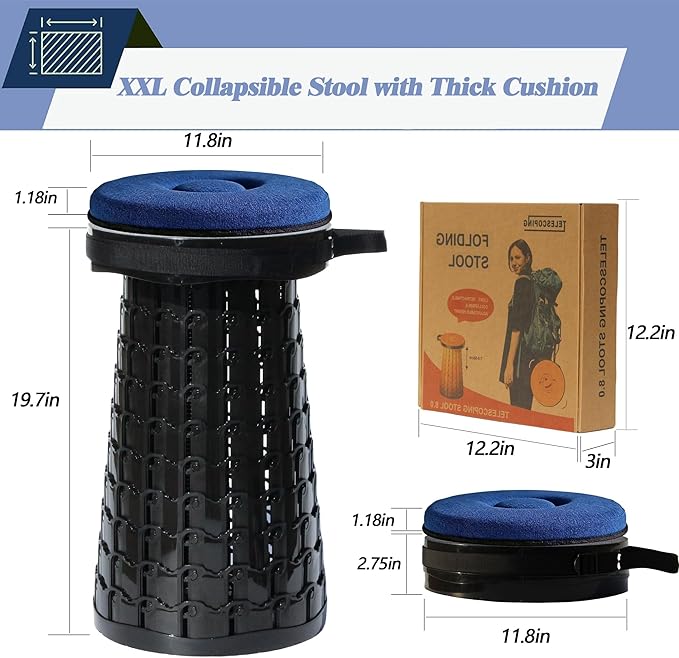 ALEVMOOM XXL Collapsible Stool with Thick CushionTaller 19.7 Wider 11.8 Camping Chair More Sturdy Capacity 1000LBSPortable Telescoping Adjustable Stool for Garden Fishing Hiking BBQ (Large Black)