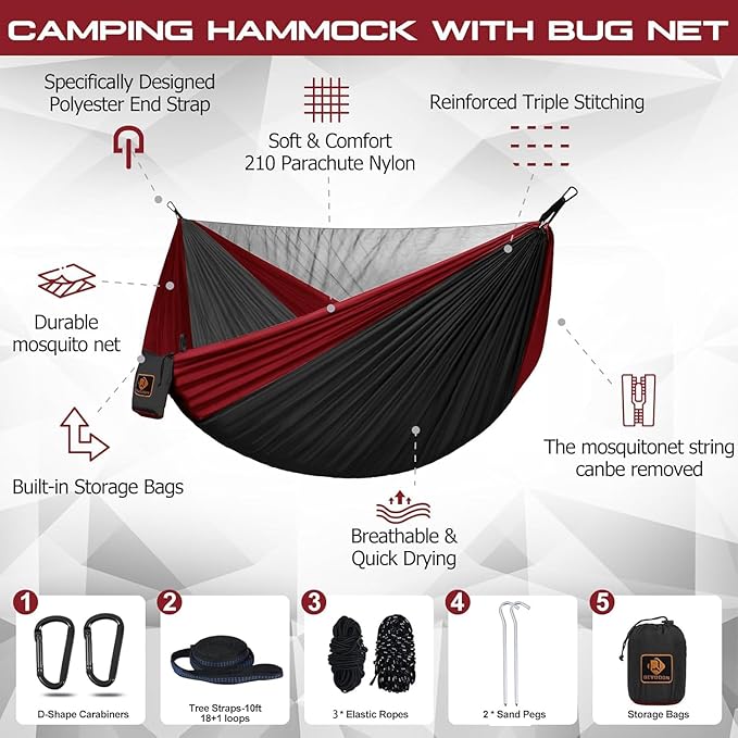 Camping Hammock Portable Hammocks with Mosquito NetLightweight Nylon Parachute Hammock with 10ft Tree StrapsCamping Gear Must Haves for Travel Hiking Backpacking Beach Patio-Black&ampRed