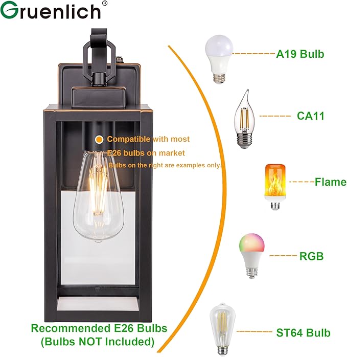 GRUENLICH Dusk to Dawn Outdoor Wall Lantern Wall Sconce for Porch Lighting Fixture E26 Base Max 60W Metal Housing Plus Glass Oil Rubbed Bronze Finish Bulb Not Included 1-Pack