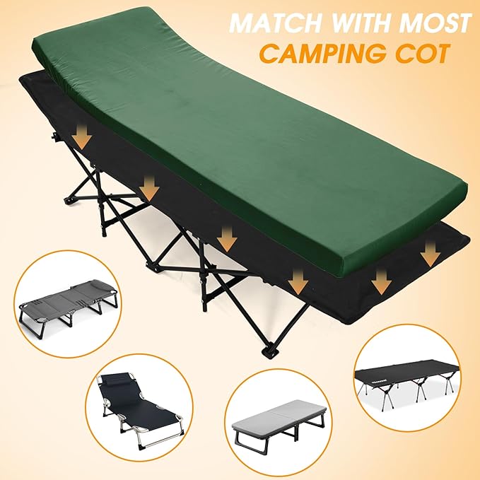 CYMULA Camping Cot Mattress 2in Memory Foam Sleeping PadSoft Warm Non-Slip Camping Mattress Topper with Retaining for AdultsPortable Roll up Pad for Travel(75 x30)（only Mattress）