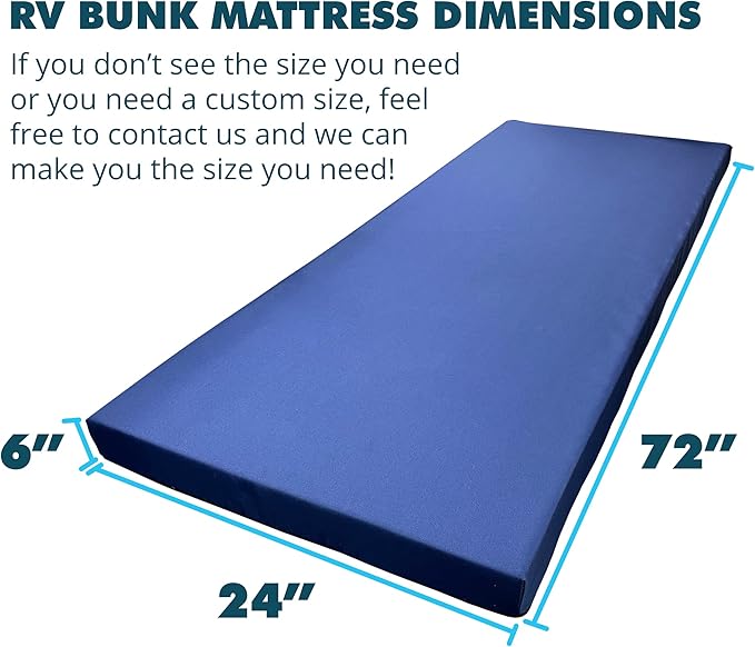 Foamma 6” x 24” x 72” Water Resistant Memory Foam RV Bunk Mattress Firm High Density Foam Base Comfortable and Durable Polyester Cover Truck Camper Travel Trailer Made in USA