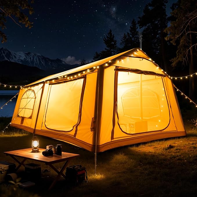 Inflatable Tent for Camping Waterproof Oxford Large Blow Up Hot Tent with Pump Easy Setup Inflatable Glamping House Air Tent for Family 4/6/8/10/12 People