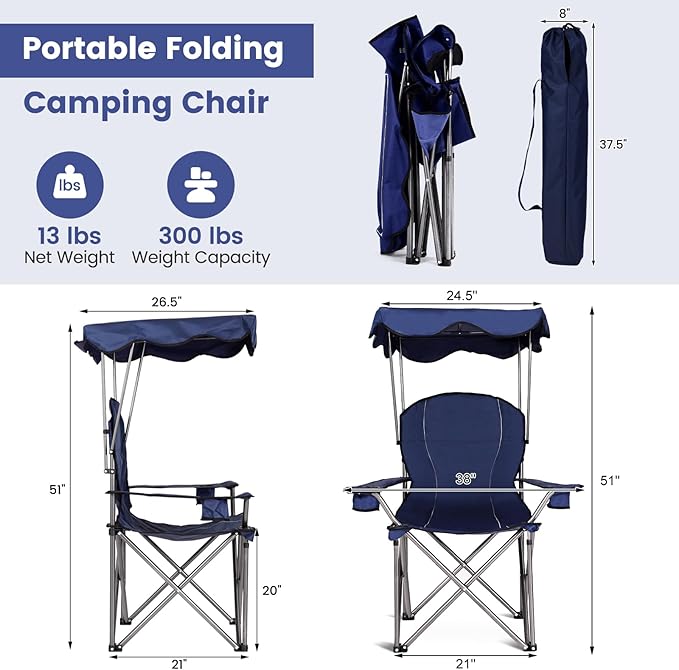 KOTEK Camping Chair with Canopy Portable Canopy Chair with Shade Cup Holder &amp Carry Bag Outdoor Folding Chairs for Sports Events Fishing Beach Picnic Hiking Travel (Blue)