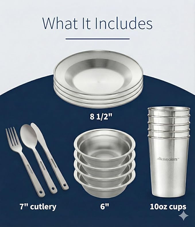 Wealers Unique Complete Messware Kit Polished Stainless Steel Dishes Set| Tableware| Dinnerware| Camping| Buffet| Includes - Cups | Plates| Bowls| Cutlery| Comes in Mesh Bags (4 Person Set)