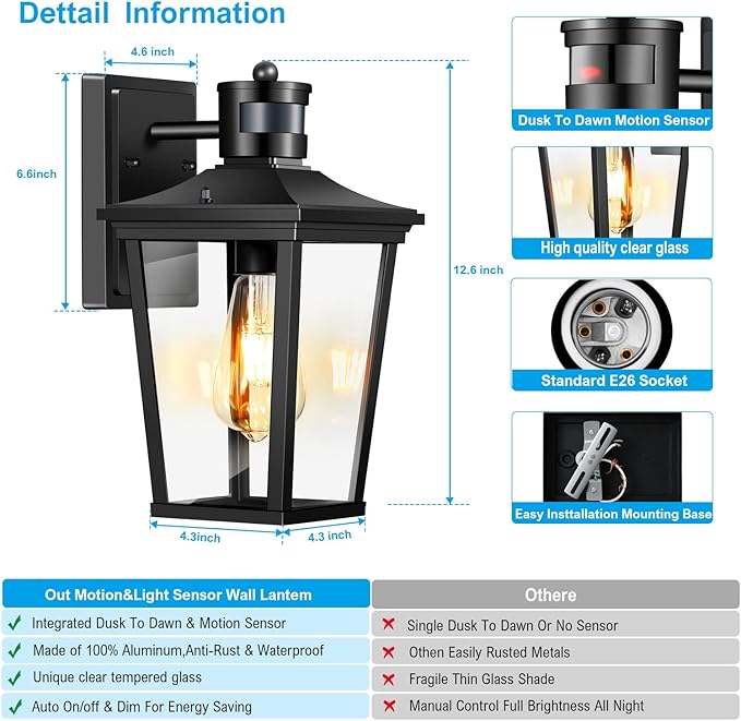 Motion Sensor Outdoor Wall Lights - Dusk to Dawn Waterproof Aluminum Fixtures for Porch Garage Balcony &amp Entrance Doors | Wall Mounted Exterior Lighting in Black Gold