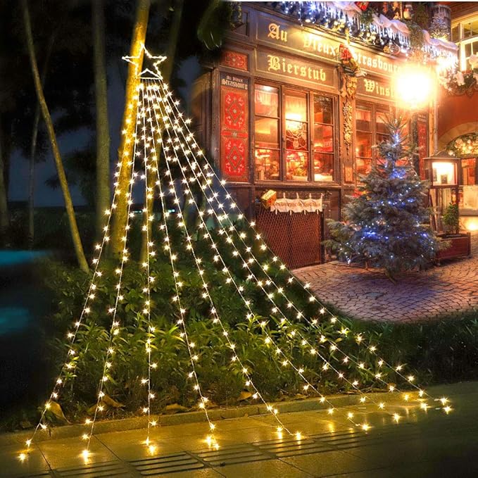 PUHONG Christmas Decoration Star Lights Outdoor320 LED 16.4Ft Christmas String Lights[8 Modes&amp Waterproof] for Halloween Xmas New Year Holiday Birthday(Iron) (Warm White)