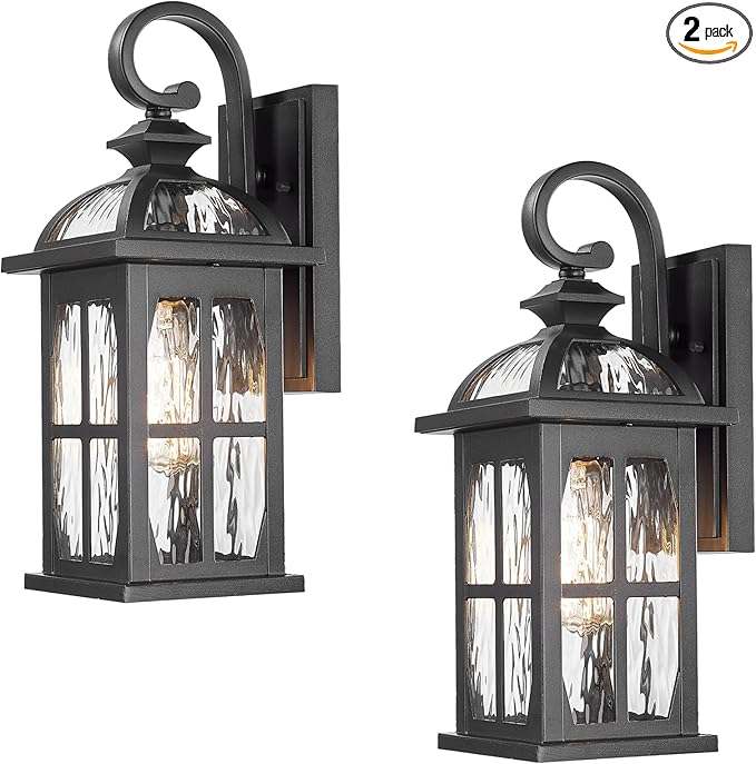 Porch Lights Outdoor Aluminum Outdoor Wall Lights with Water Ripple Glass Waterproof Black Finish Exterior Lighting Fixtures for House Garage Doorway 15 Inch Height 2-Pack