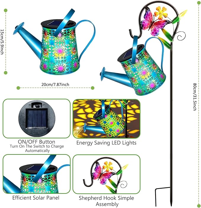 2 Pack Solar Lights Outdoor Decorative Blue Metal Solar Watering Can Lights Waterproof Gifts for Women Mom Grandma Birthday Hanging Lanterns Decoration Garden Decor for Outside Yard Patio Lawn