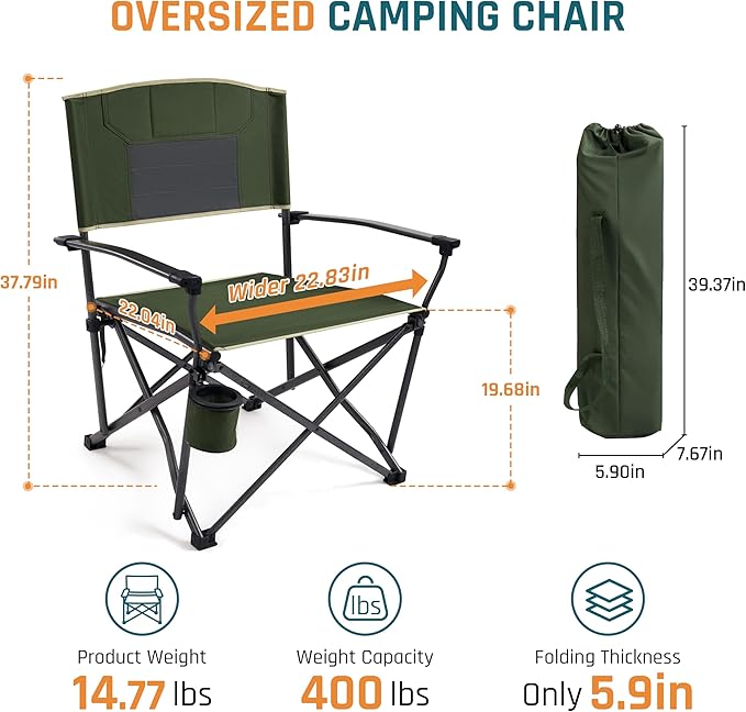 Folding Camping Chairs for Adults Heavy Duty Plus Size Camping Chairs 400 lb Steel Frame Metal Arm Lawn Chairs with Cup Holder Extra Large Camp Chair for Outdoor Sports Green 4 Pack (2 Pack x 2)