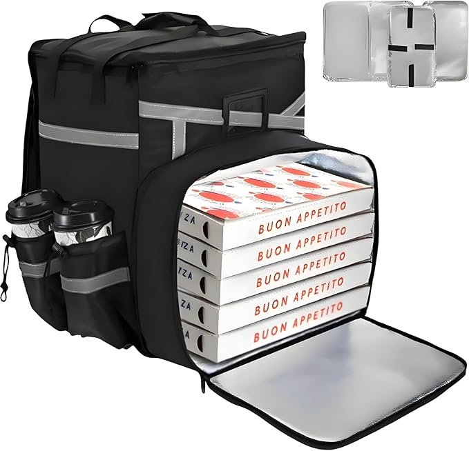 Food Delivery Backpack Expandable Insulated Pizza Bag with 4 Cup Holders Large Waterproof Catering Bag with Reflective Strip Support Boards for Delivery Bike Doordash