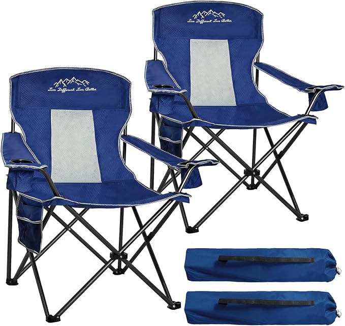 2 Pack Folding Camping Chairs with High Back Comfortable Large Outdoor Chairs for Adults 400lb Capacity Heavy Duty Breathable Mesh Portable Chair with Storage Bag for Camping Fishing Blue
