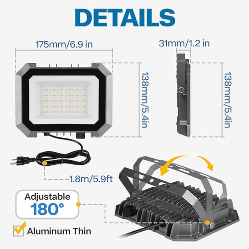 2 Pack 50W LED Flood Lights Outdoor 3CCT 3000/4000/6000K Selectable 5000LM Floodlight Outside Work Light with 5.9FT Plug IP65 Waterproof LED Flood Light for Garage Yard Lawn Garden