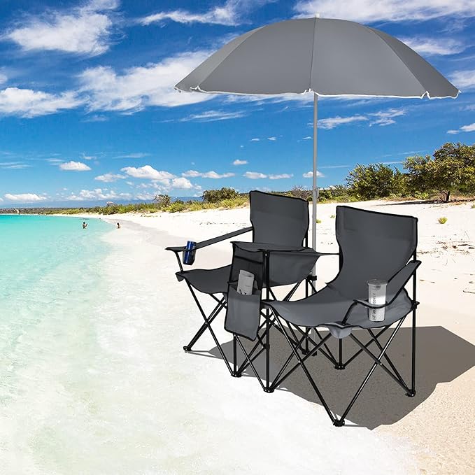 Goplus Double Camping Chair with Umbrella Folding Loveseat Chairs w/Canopy Shade Carrying Bag Table Cup Holder Portable Beach Chairs Outdoor Picnic Patio (Grey)