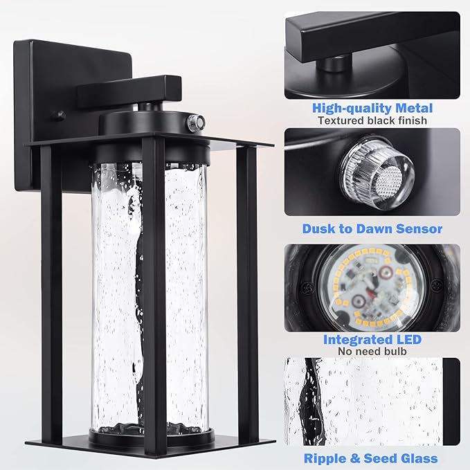 LED Dusk to Dawn Outdoor Light Fixtures - 2 Packs Modern Porch Lighting with Attractive Glass 13W 3000K LED Exterior Sconce Wall Mount with Photocell Sensor for House Front Garage Door Waterproof
