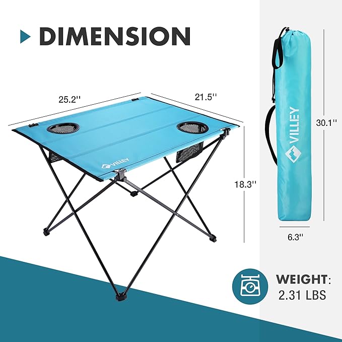 VILLEY Folding Camping Square Table with Carry Bag Folding Camping Table with 2 Cup Holders &amp Carry Bag