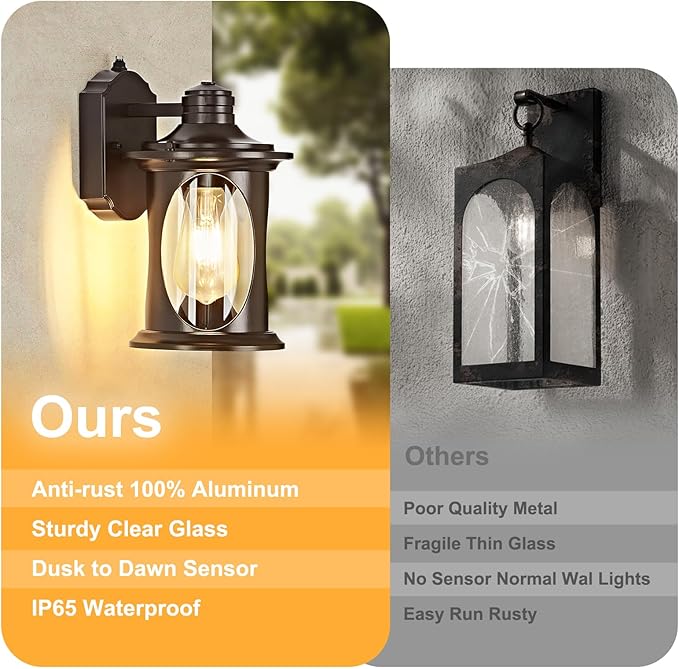 OKELI Dusk to Dawn Outdoor Lighting Porch Wall Light Fixture with E26 Waterproof Rust Resistant Exterior Lantern Lights Wall Mounted Outside Lamp for Porch Garage House(Brown)