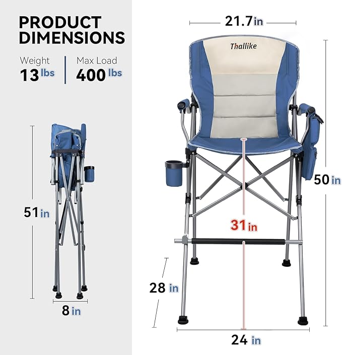 Foldable Directors Makeup Salon High Chair - Portable Camping Bar Height Folding Photoshoot Chairs with Stroage Bag Cup Holder Non-Slip Footrest Supports 400 lbs Blue Tall Director Chair
