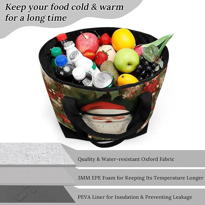 Insulated Shopping BagLarge Reusable Cooler Bags Christmas Holiday Santa Claus Wreath Printed Foldable Shopping BagTravel Waterproof Shoulder Bag