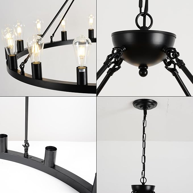 40 Black Wagon Wheel ChandelierE26 16-Light Large Round Rustic Farmhouse Chandelier Industrial Pendant Light Fixtures for Dining Room Living Room Kitchen Island Entryway Foyer