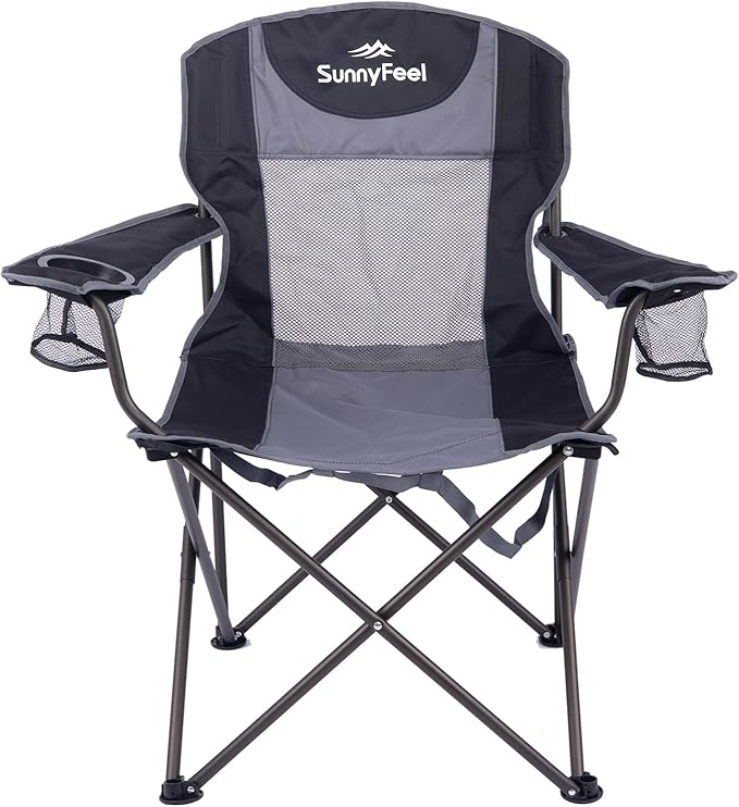 SUNNYFEEL Folding Oversized Camping Chair Padded Portable Lawn Chairs for Adults Heavy Duty 300 LBS Folding Camp Quad Chair High Back with Cup HolderArmrest for PicnicBeachSports