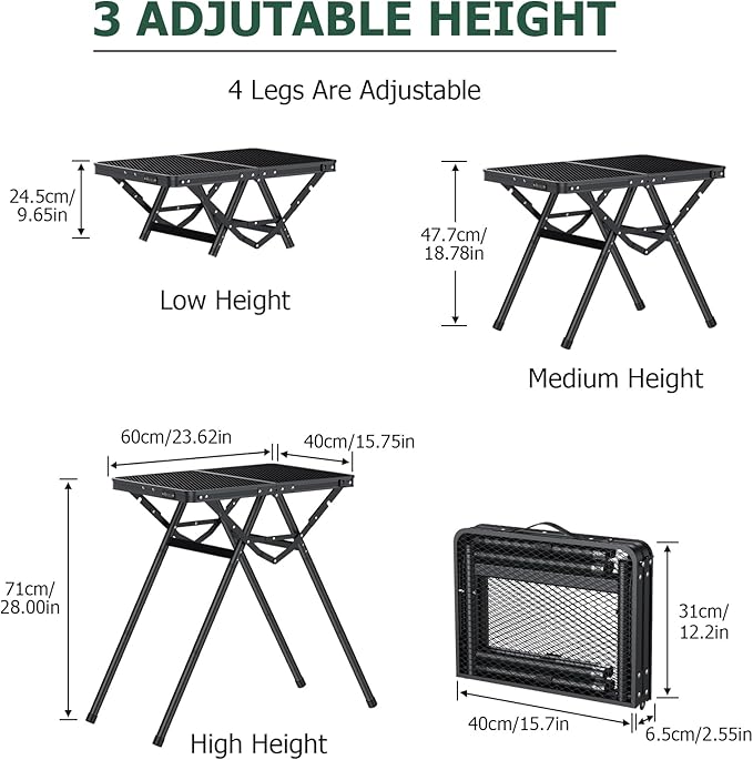 JiGiU Folding Camping Table Height Adjustable Aluminum Alloy Foldable Pinic Table 180lbs Capacity with Handle Stable Triangle Feet for Outdoor Indoor Hiking Camp BBQ Beach (Black Iron Mesh Tabletop)