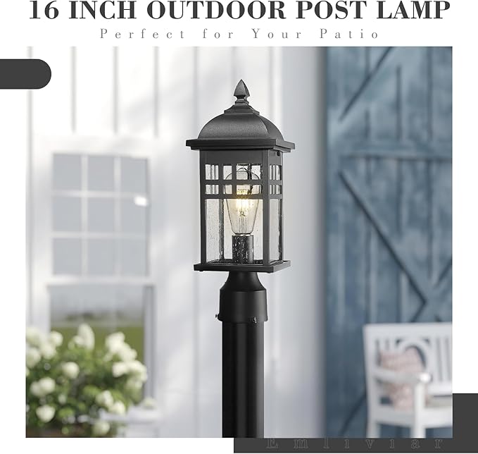 Emliviar Farmhouse Outdoor Post Light 16 Exterior Post Lamp for Patio Porch with Seeded Glass Black Finish DE279P BK