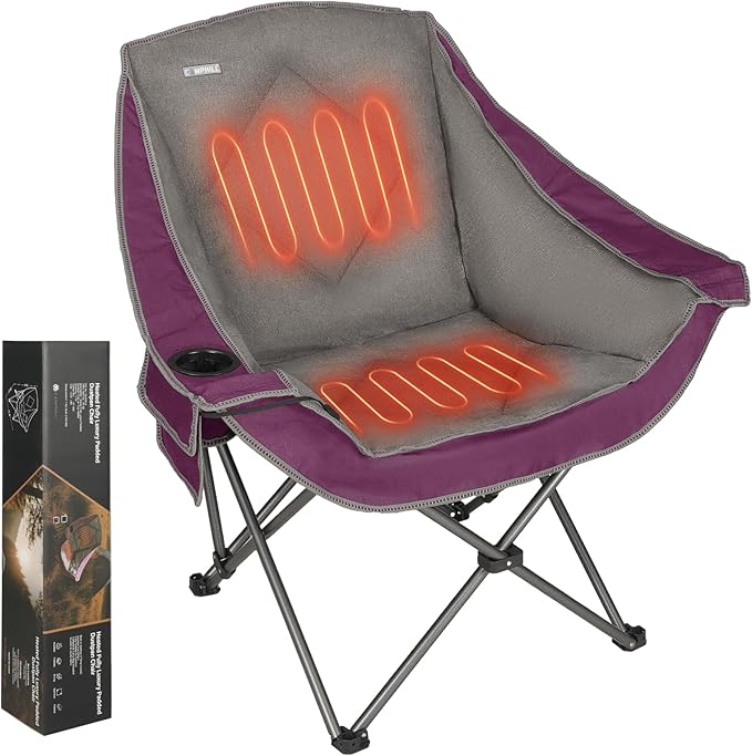 CAMPHILL Heated Camping ChairsOversized Padded Heating Lawn Chair with Cup HolderWide&ampThickHeavy Duty Folding for PatioTailgatesand SportsBattery NOT IncludedPurple