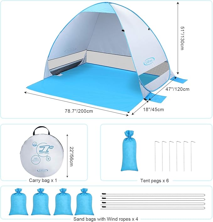 G4Free Large Pop up Beach Tent for 3-4 Person UPF 50+ Automatic Sun Shelter Canopy Portable Outdoor Cabana Sun Umbrella