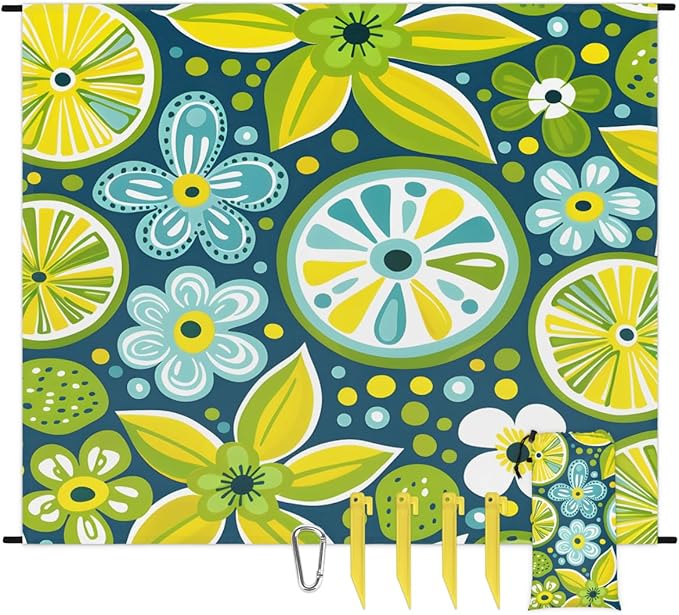 Waterproof Sandproof Beach Blanket 59''×68'' Fruit Lemon Polyester Outdoor Picnic Blanket with 4 Stakes &amp Storage Bag for BeachCampingVacation Yellow-Green