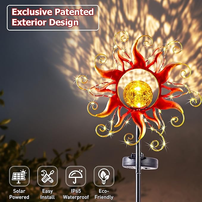 Solar Lights Outdoor Waterproof Red Sun Metal Crackle Glass Stake Decorative for OutsideYardLawnPatioWalkway Mothers'Day Gifts Mom Grandma Garden Lover