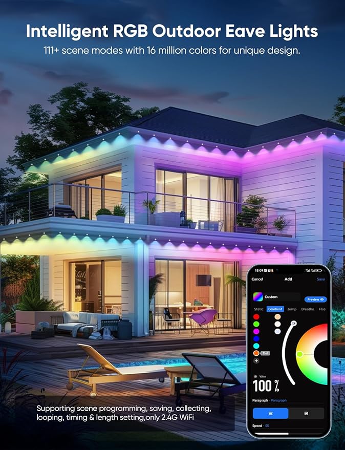 Permanent Outdoor Lights 150ftRGBW Eaves Light with 108 LED Lights111+ Scenes Modes Outdoor Lighting Waterproof Permanent Light for Daily Holiday Halloween Decorations Compatible with AlexaBlack