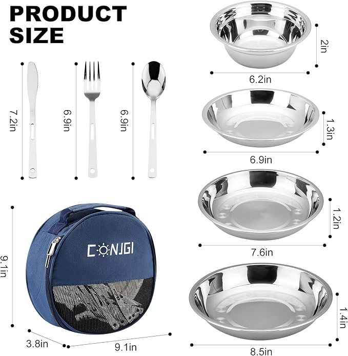 Camping Mess Kits - 28pcs Camping Dinnerware Set Camping Gifts Camping cookware Sets Camping Accessories Camping Cooking Utensils Set Bowls Plates Knives Forks Spoons