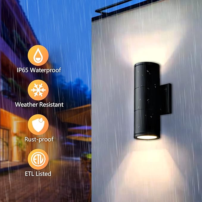 wowlite Outdoor Wall Light Exterior Lighting Matte Black Waterproof Wall Mount Cylinder Design Up Down Light Fixture for Porch Backyard and Patio 1 Pack