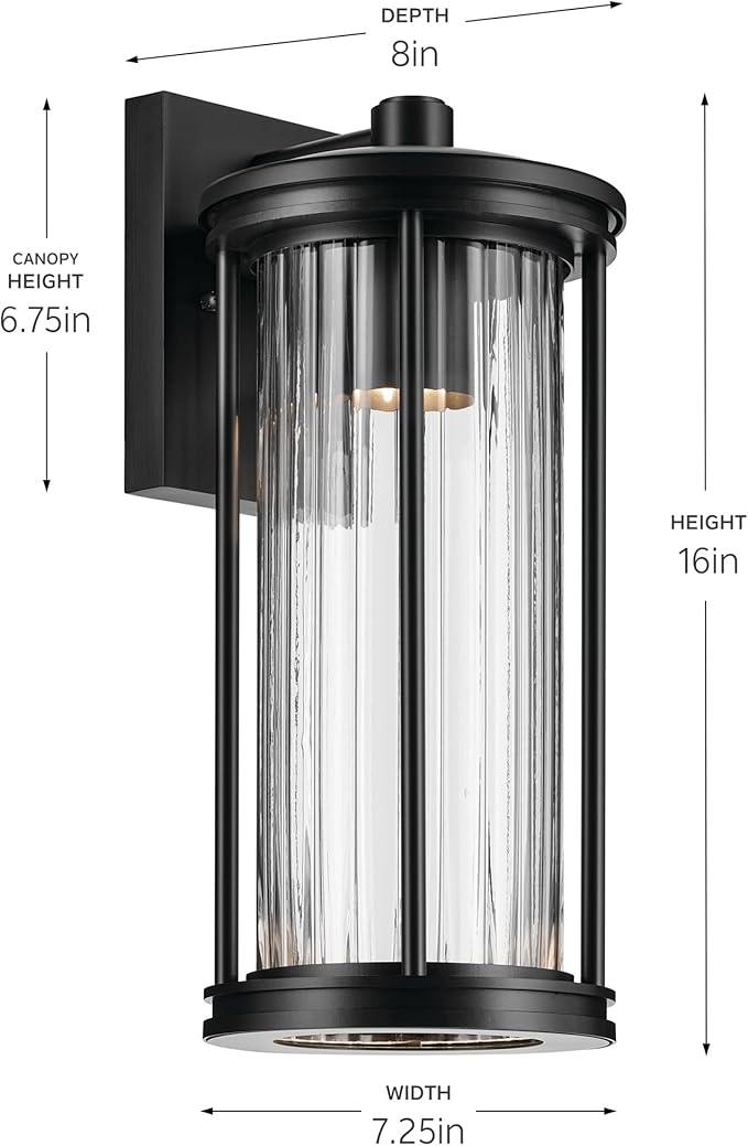 Kichler Barras 16 1-Light Outdoor DarkSky Approved Wall Sconce with Clear Ribbed Glass in Black Vertical Mount (16 x 7.25) 59023BKDS