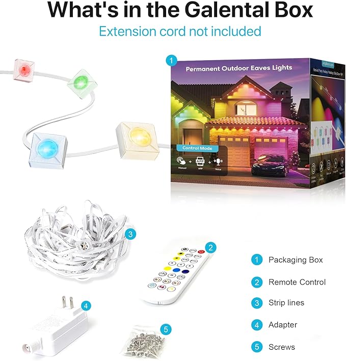 Permanent Outdoor Lights 50FT RGB+IC LED Lights with Smart APP &amp Remote Control 72 Scene Modes Waterproof IP65 for Holiday Christmas Yard Decorations(Extension Cord Not Included)