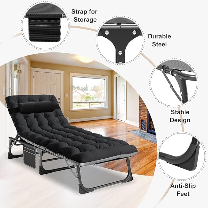 ABORON 5 Positions Camping Cots for AdultsOutdoor Folding Sleeping Cot/MatFolding Chaise Lounge Chair with PillowPortable Reclining Chair for Beach Lawn Camping PoolSunbathing Chairs