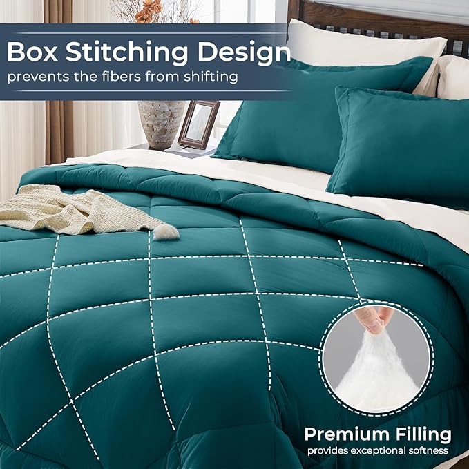 HEVUMYI Queen Comforter Set - 7-Piece All Season Bed in a Bag Queen Ultra Soft Bedding Set with Comforter Flat Sheet Fitted Sheet Pillowcases Pillow Shams Peacock Blue &amp Ivory