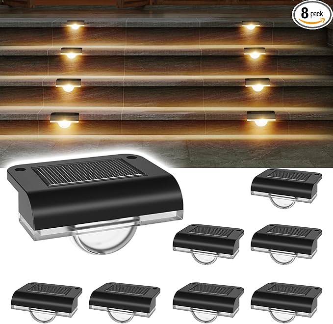 Solar Stair Lights Outdoor Waterproof 8 Pack Solar Step Lights for Outside Warm White Deck Lighting for Step Stair Porch Railing Patio Yard Front Door Sidewalk Poolside Balcony