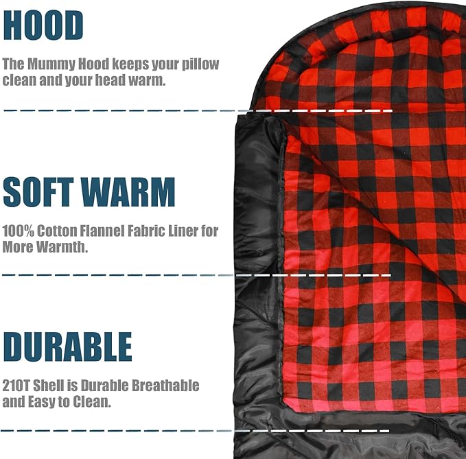ShinHye 0 Degree Sleeping Bag for Adults - Cotton Flannel 4 Season Cold Weather Winter XXL Big and Tall Camping Sleeping Bag with Compression Sack