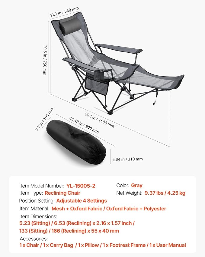 VEVOR Reclining Camping Chair 4 Adjustable Positions Portable Folding Lounger for Adults Mesh Beach Chair with Headrest &amp Foot Rest Supports 220 lbs Heavy Duty Camp Chairs for Patio Gray