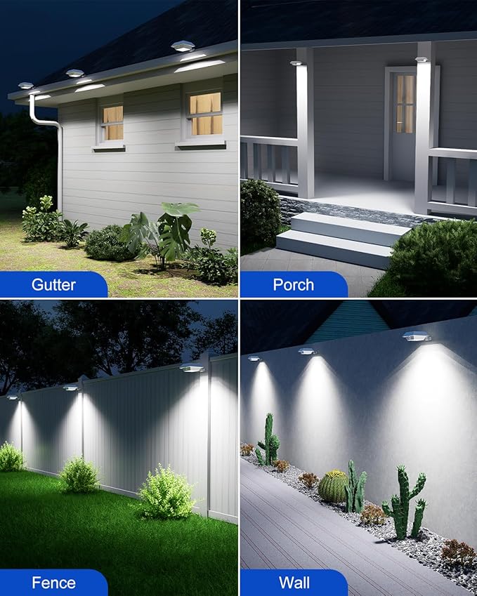 4 Pack White Solar Powered Gutter Lights Outdoor Decorative Waterproof 12 LEDs Yard Lamp for Lighting Fence Railing Outside Wall Deck Garden Path Backyard Walkway Patio Holeless Installation