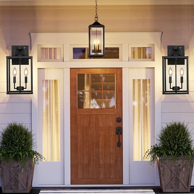 PARTPHONER Large Outdoor Light Fixutre 2-Light Dusk to Dawn Outdoor Lighting Farmhouse Front Porch Light Exterior Wall Lantern Sconce with Clear Glass for Entryway Doorway House Garage