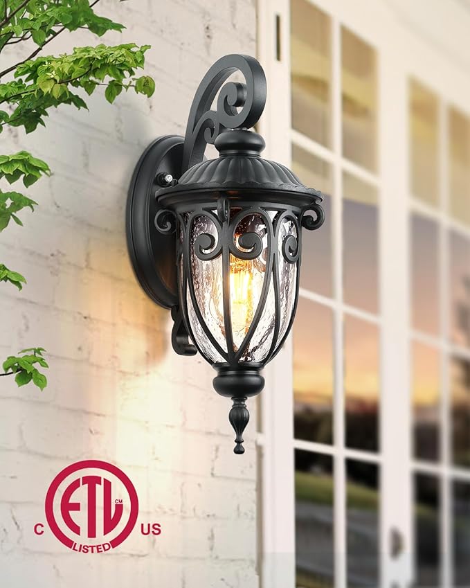 VIANIS Outdoor Lights for House Dusk to Dawn Black Porch Lights Waterproof Outdoor Light Fixture with Seed Glass Exterior Lighting Fixtures for House Doorway PorchGarage